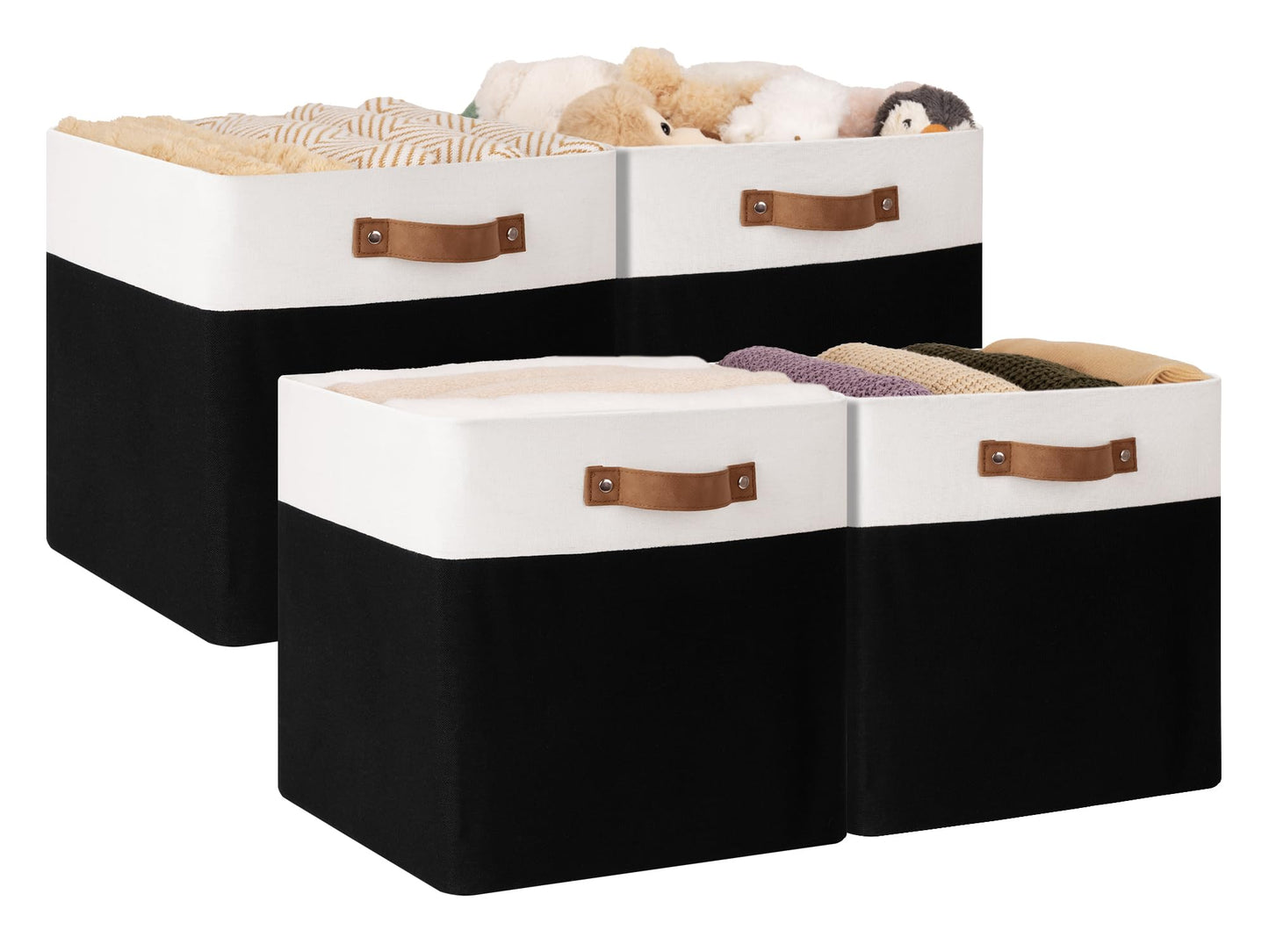 StorageWorks 13x13 Storage Cubes Collapsible Storage Bins Organizer for Closet Fabric Storage Box with PU Handles Black and White 4-Pack