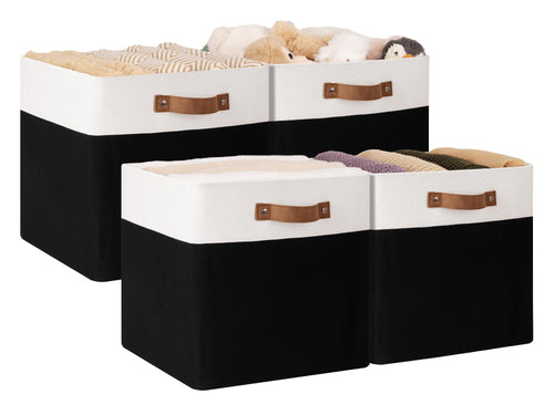 StorageWorks 13x13 Storage Cubes Collapsible Storage Bins Organizer for Closet Fabric Storage Box with PU Handles Black and White 4-Pack