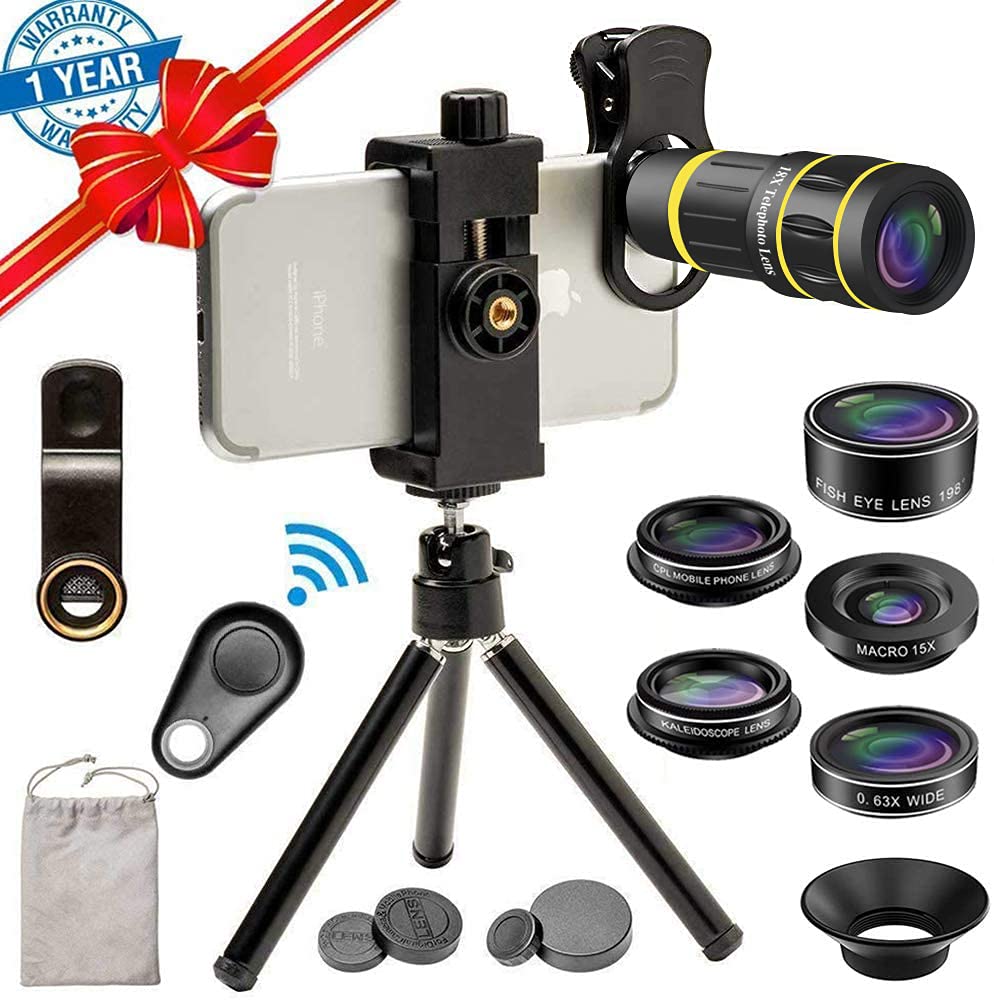 SEVENKA Cell Phone Camera Lens Kit 18X Telephoto Lens with Remote Shutter Tripod Fisheye Macro and Wide Angle Lens for iPhone 11 Pro Max X XS Max XR/8/7/6/6s Samsung Android Smartphone Black